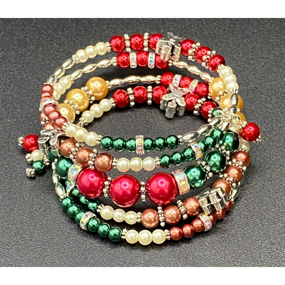Handmade Faux Pearl & Gingerbread Man Memory Wire Wrap Bracelet by Neanie-Bot